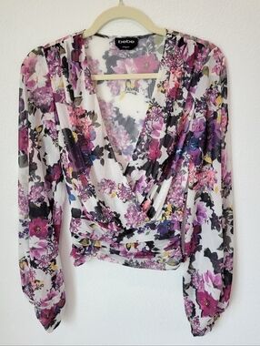Bebe Sheer Mesh Floral Wrap Top XS White Purple Pink